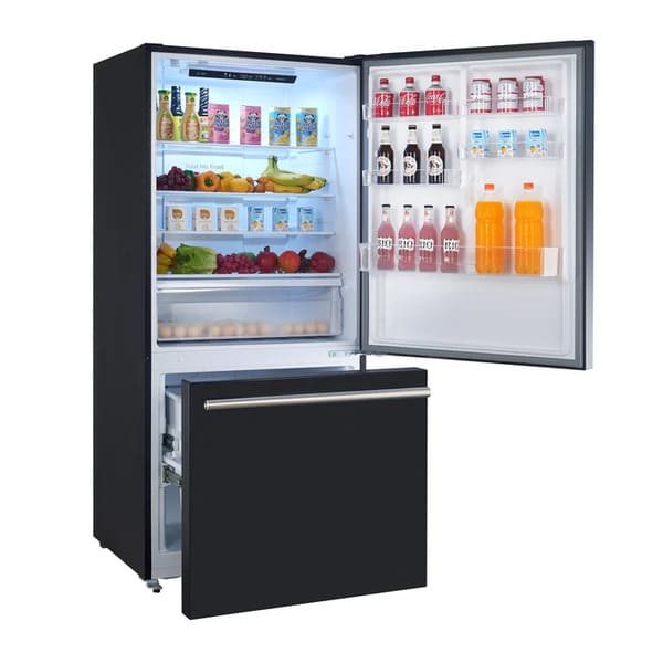 Angled front view of the FORNO 31-Inch Refrigerator with Right Hinge in Black with the door open, showcasing the organized interior layout with adjustable shelves, clear bins, and crisper drawers.