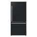 Front view of the FORNO 31-Inch Refrigerator with Right Hinge in Black, showcasing its minimalist design, smooth black finish, and vertical handle for easy access.