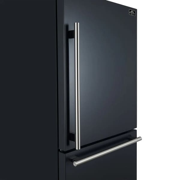 Side view of the FORNO 31-Inch Refrigerator with Right Hinge in Black, highlighting the sleek vertical door handles and smooth black exterior finish.