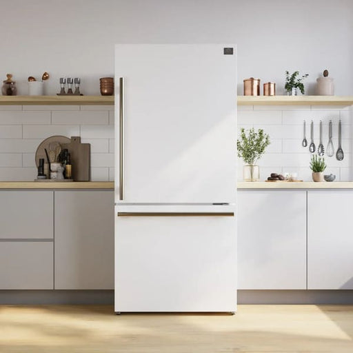 Lifestyle view of the FORNO 31-inch right-hinge refrigerator in white, seamlessly integrated into a modern kitchen setting.
