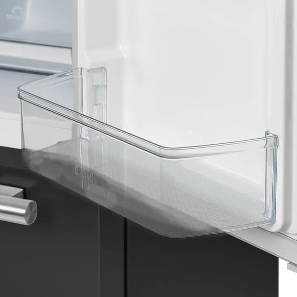 Close-up view of the transparent door bins in the FORNO 36-Inch French Door Refrigerator in Black, designed for convenient storage and quick access to frequently used items like bottles and jars.