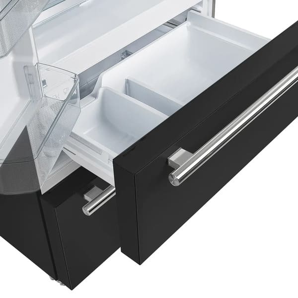 View of the freezer drawers in the FORNO 36-Inch French Door Refrigerator in Black, featuring spacious pull-out compartments for organized and accessible frozen food storage.