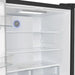 Interior view of the FORNO 36-Inch French Door Refrigerator in Black, highlighting the crisper drawers and glass shelves designed for fresh food storage and flexible organization.