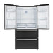 Front view of the FORNO 36-Inch French Door Refrigerator in Black with both doors open, revealing spacious interior compartments, adjustable glass shelves, crisper drawers, and door bins for organized food storage.