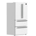 Angled front view of the FORNO 36-Inch French Door Refrigerator in White, showcasing its elegant finish, contoured French doors, and modern handle design.