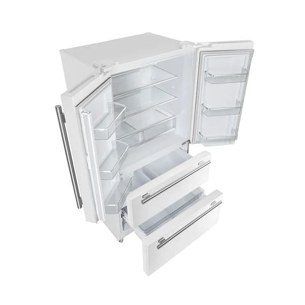 Angled view of the FORNO 36-Inch French Door Refrigerator in White with both doors open, highlighting the spacious interior, adjustable shelves, and lower freezer drawer.