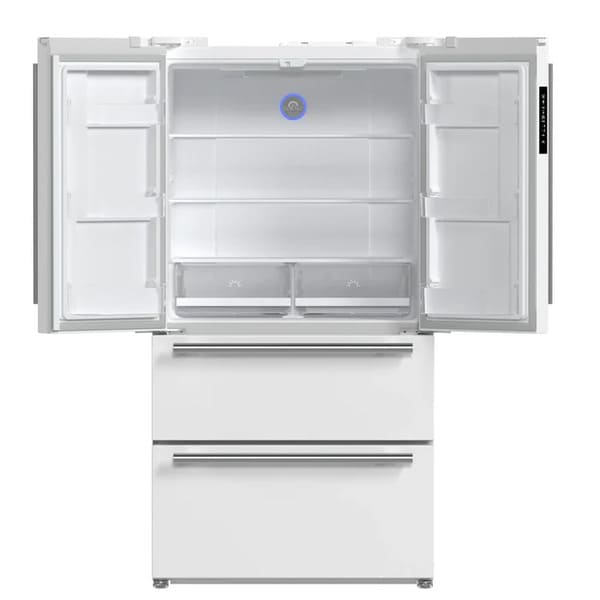 FORNO 36-Inch French Door Refrigerator in White with both French doors open, revealing spacious interior shelving, crispers, and organized storage compartments.