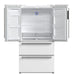 FORNO 36-Inch French Door Refrigerator in White with both French doors open, revealing spacious interior shelving, crispers, and organized storage compartments.