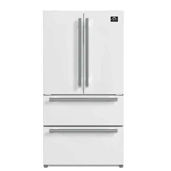 Front view of the FORNO 36-Inch French Door Refrigerator in White, featuring a sleek, minimalist design with smooth panel doors and streamlined handles.