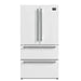 Front view of the FORNO 36-Inch French Door Refrigerator in White, featuring a sleek, minimalist design with smooth panel doors and streamlined handles.