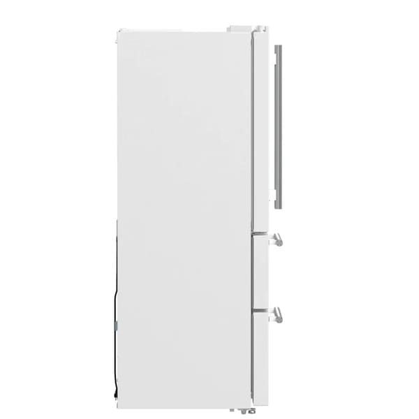 Side view of the FORNO 36-Inch French Door Refrigerator in White, highlighting the smooth white finish and modern, streamlined profile.