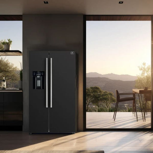 Lifestyle image of the FORNO 36-Inch Side-by-Side Refrigerator with Water Dispenser in Black, integrated into a modern kitchen, showcasing its sleek black finish and built-in dispenser for convenient access to water and ice.