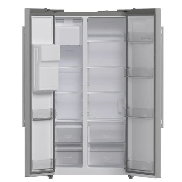 Close-up front view of the FORNO 36-inch side-by-side refrigerator in stainless steel with both doors fully open, showcasing spacious interior layout with multiple glass shelves, bins, and drawer compartments.