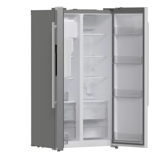 Angled front view of the FORNO 36-inch side-by-side refrigerator in stainless steel with doors open, revealing organized interior storage including adjustable glass shelves, clear drawers, and side door bins.
