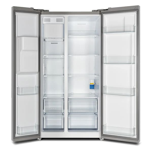 Front view of the FORNO 36-inch side-by-side refrigerator in stainless steel with both doors open, revealing organized interior shelving, door bins, and storage compartments.