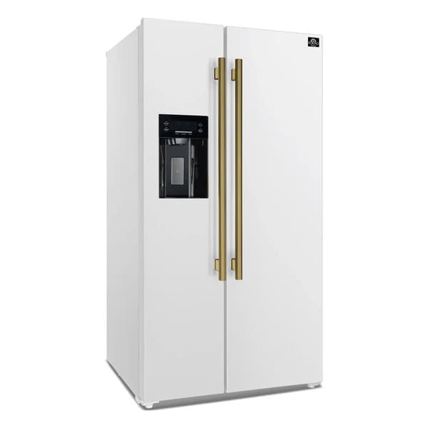 Angled front view of the FORNO 36-Inch Side-by-Side Refrigerator with Water Dispenser in White, highlighting the modern flat-panel doors, ergonomic handles, and built-in dispenser.
