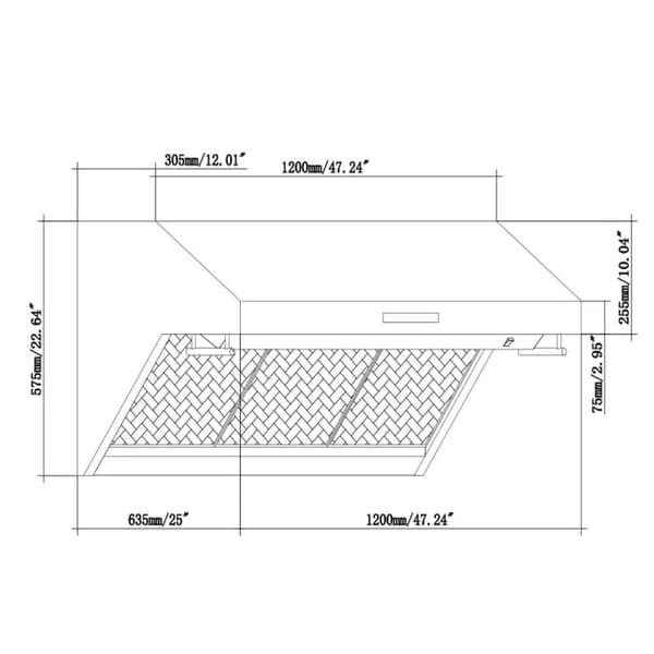 Dimension diagram of the FORNO 48-inch wall mount range hood with red light warmer, showing detailed measurements for width, height, depth, and installation clearances—designed to assist with proper planning and fit in professional or residential kitchens.