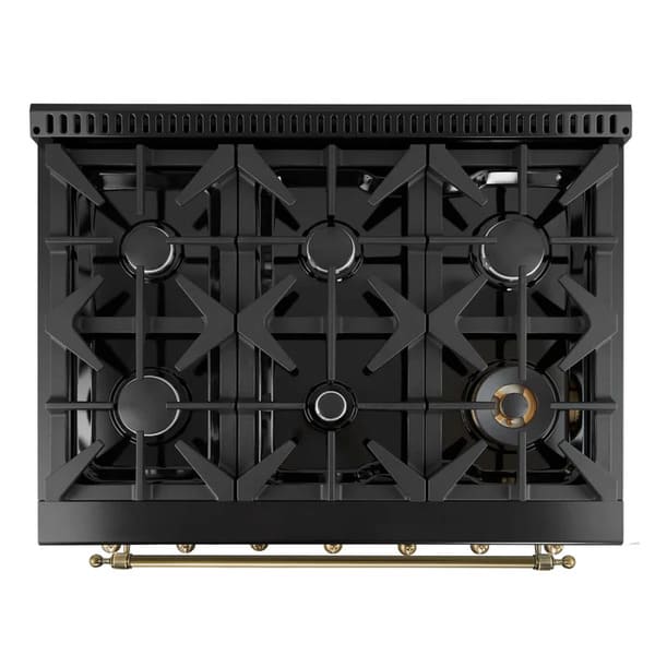 Top-down view of the FORNO Antico 36-Inch Gas Range in black, showcasing six brass burners, heavy-duty cast iron grates, and a sleek black stainless steel cooktop surface.