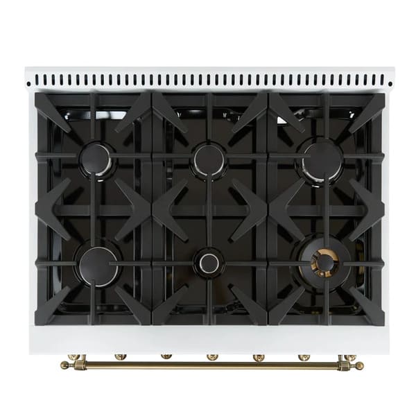 Top-down view of the FORNO Antico 36-Inch Gas Range in white, showcasing six brass burners, continuous cast iron grates, and a clean matte white surface for a professional cooking setup.