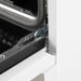 Close-up of the oven door hinges on the FORNO Antico 36-Inch Gas Range in white, highlighting the durable construction and smooth, stable door mechanism for long-lasting performance.