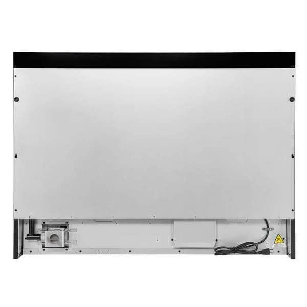 Rear view of the FORNO Antico 48-Inch Dual Fuel Range in black, showing power and gas connections, ventilation ports, and a flat-back design for easy installation.