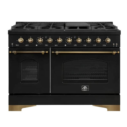 Front view of the FORNO Antico 48-Inch Dual Fuel Range in black, featuring a bold black stainless steel finish, double ovens, and eight brass burners with professional-style control knobs.