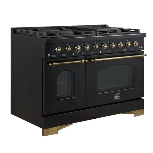 Left-angled front view of the FORNO Antico 48-Inch Dual Fuel Range in black, showcasing dual ovens, eight brass burners, and a bold black stainless finish for a luxurious kitchen centerpiece.