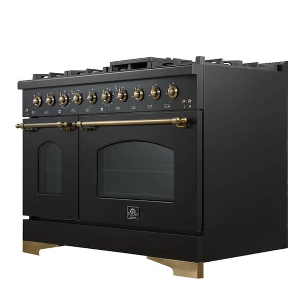 Right-angled front view of the FORNO Antico 48-Inch Dual Fuel Range in black, featuring a sleek black stainless steel finish, eight brass burners, and twin ovens for premium performance.