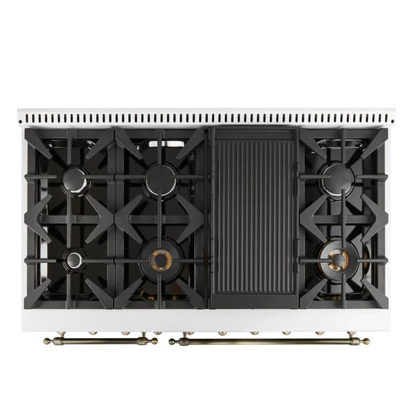 Top-down view of the FORNO Antico 48-Inch Dual Fuel Range in white, featuring eight brass burners, continuous cast iron grates, and a clean stainless steel cooktop surface.