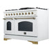 Right-angled front view of the FORNO Antico 48-Inch Dual Fuel Range in white, highlighting its clean white finish, dual oven doors, and professional-grade cooktop with eight brass burners.