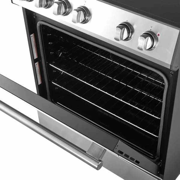 Close-up of the oven door on the FORNO 30-inch electric range in stainless steel, showcasing its large glass window and modern stainless steel handle.