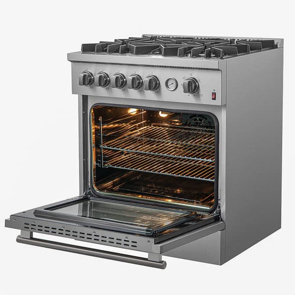Angled view of the FORNO 30-inch gas range in stainless steel with the oven door open, showing the interior racks and burner controls.