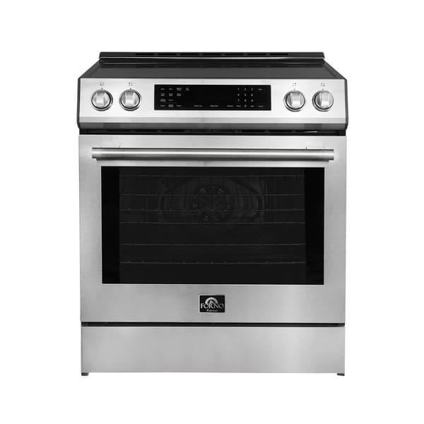 Front view of the FORNO 30-inch induction range in stainless steel, showcasing its smooth cooktop, control knobs, and modern, professional appearance.