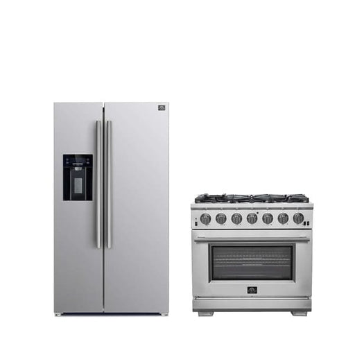 FORNO Appliance Package featuring 36-Inch Gas Range with 6 brass burners and 36-Inch French Door Refrigerator with built-in ice maker and grill trim in stainless steel.