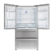 Front view of the FORNO 36-inch French door refrigerator in stainless steel with both French doors and the bottom freezer drawer open, revealing interior shelves, door bins, and spacious freezer compartments.