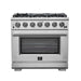 FORNO Capriasca 36-Inch Gas Range in stainless steel with 6 sealed dual-ring brass burners, convection oven, and illuminated control knobs.