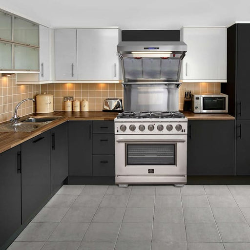 FORNO Capriasca 36-Inch Gas Range installed in a modern kitchen environment, showcasing stainless steel finish and professional-style design.