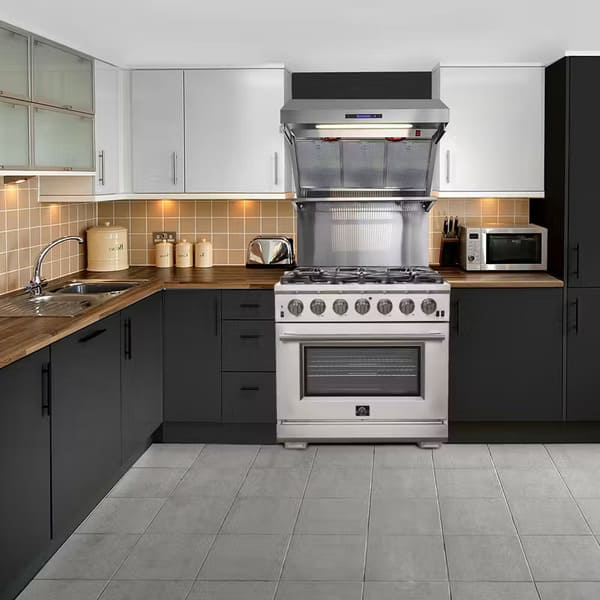 FORNO Capriasca 36-Inch Gas Range installed in a modern kitchen setting, showcasing stainless steel finish and professional design.