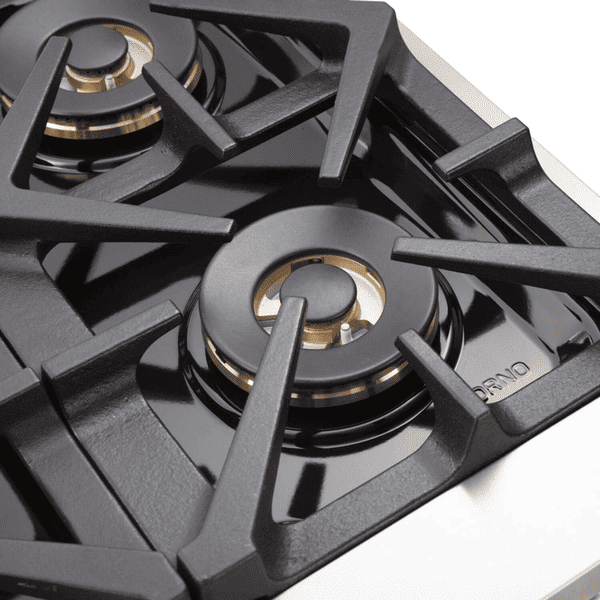 FORNO Capriasca 48-Inch Gas Range in stainless steel featuring 8 sealed Italian burners, built-in grill top, and dual oven doors with viewing windows.