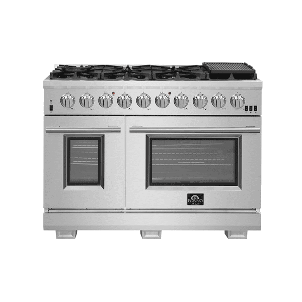 FORNO Capriasca 48″ Stainless Steel Gas Range featuring 8 high-performance Italian burners, dual ovens with viewing windows, and a built-in grill top.