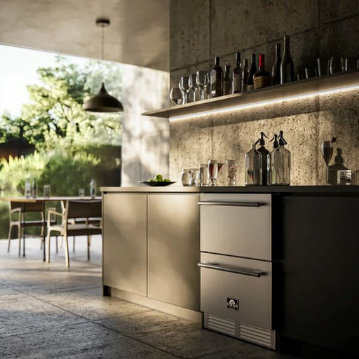Modern kitchen scene featuring the FORNO Cosenza Built-In Drawer Freezer, showcasing its smudge-resistant stainless steel finish and compact dual-drawer layout.