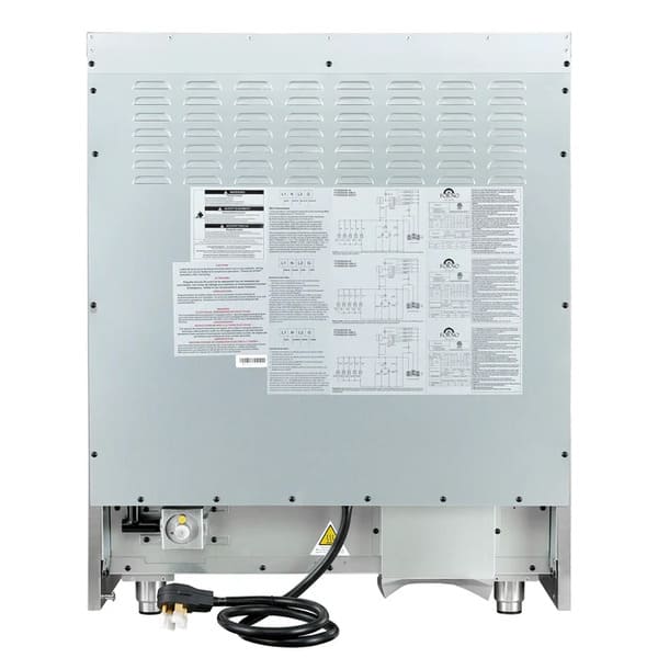 Rear view of the FORNO Galiano 30-Inch French Door Dual Fuel Range in black, showing the venting, gas connection points, and sturdy stainless steel construction for built-in kitchen installations.