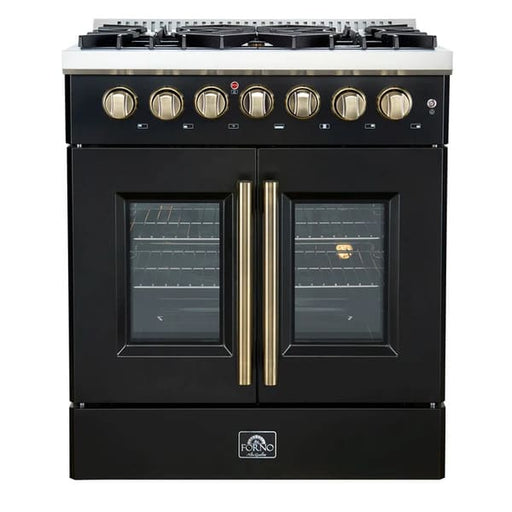 Front view of the FORNO Galiano 30-Inch French Door Dual Fuel Range in black, featuring a sleek stainless cooktop with sealed burners, French-style oven doors, and elegant brass-accented control knobs.