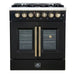Front view of the FORNO Galiano 30-Inch French Door Dual Fuel Range in black, featuring a sleek stainless cooktop with sealed burners, French-style oven doors, and elegant brass-accented control knobs.
