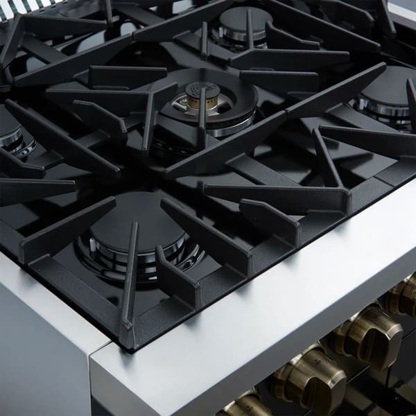 Left-angled view of the FORNO Galiano 30-Inch French Door Dual Fuel Range in black, highlighting the stainless steel cooktop with sealed brass burners and continuous cast iron grates.