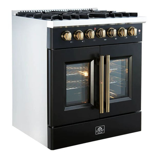 Left-angled view of the FORNO Galiano 30-Inch French Door Dual Fuel Range in black, showcasing the smooth stainless cooktop, brass-finished control knobs, and stylish French-door oven design.
