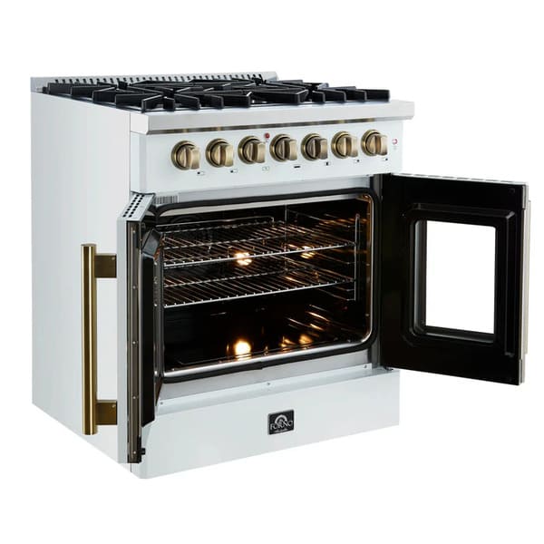 Left-angle view of the FORNO Galiano 30-Inch French Door Dual Fuel Range in white with both oven doors open, revealing the spacious blue enamel interior and stainless steel oven racks.