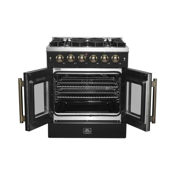 Front view of the FORNO Galiano 30-Inch French Door Gas Range in black with both oven doors open, revealing the spacious blue enamel interior, convection fan, and heavy-duty oven racks.