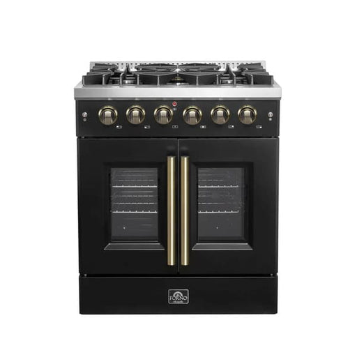 Front view of the FORNO Galiano 30-Inch French Door Gas Range in black, featuring a matte black finish, four sealed burners, and elegant double oven doors with stainless steel handles.