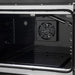 Close-up of the convection fan inside the FORNO Galiano 30-Inch French Door Gas Range in black, set against a vibrant blue enamel oven interior, designed for even heat distribution and consistent cooking performance.